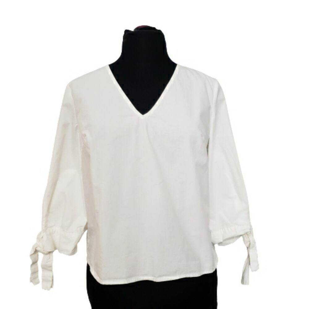 FRNCH Crisp White V Neck‎ Blouse Small/Medium Tie Cuff 100% Cotton Normcore